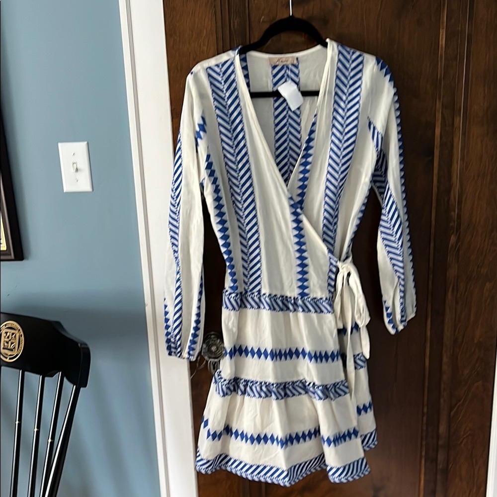 Blue and White Patterned Wrap Dress